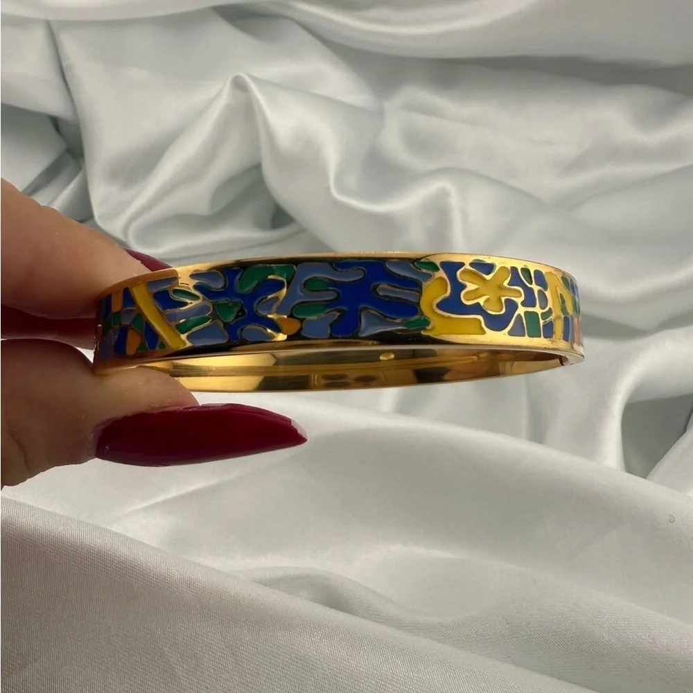 New women stainless steel art Gold and Blue Enamel Bracelet